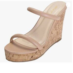 FOWT Women Open Toe Platform Mules Slip on Wedge High Heel Slippers Nude